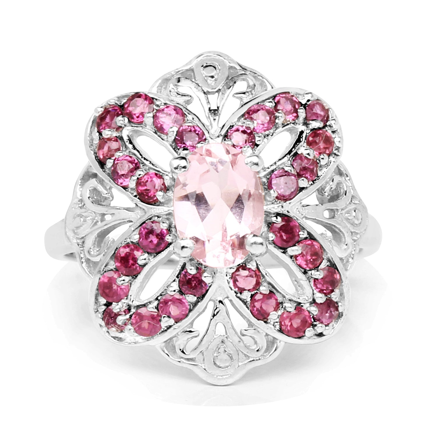 1.82 Carat Genuine Morganite & Rhodolite .925 Sterling Silver Ring