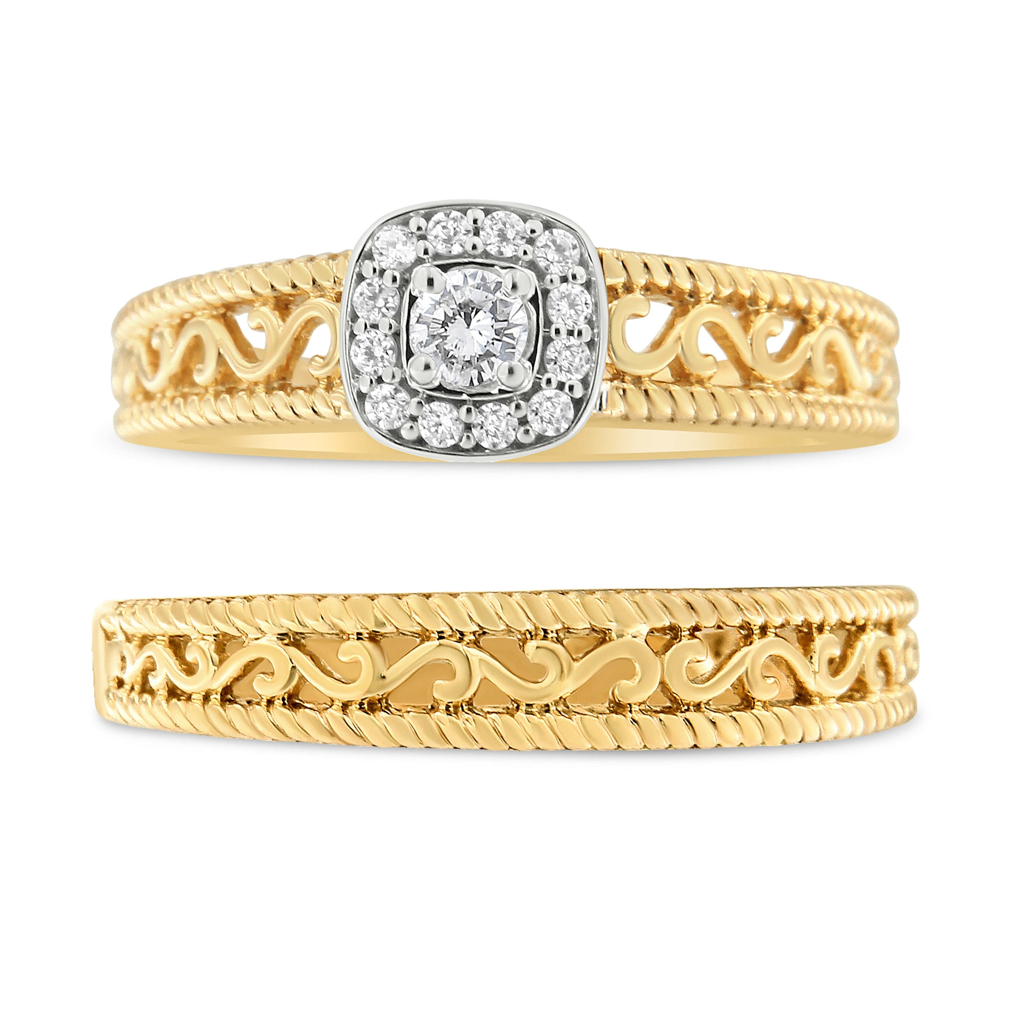 14K Yellow Gold Plated .925 Sterling Silver 1/5 Cttw Diamond Halo and Milgrain Finish Engagement Ring Bridal Set (I-J Color I3 Clarity) - Size 7