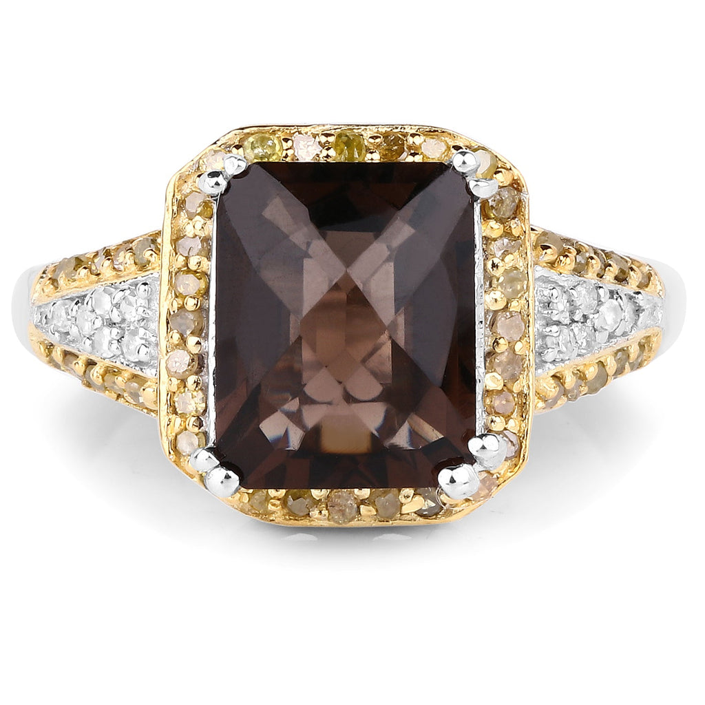 3.48 Carat Genuine Smoky Quartz, Yellow Diamond and White Diamond .925 Sterling Silver Ring