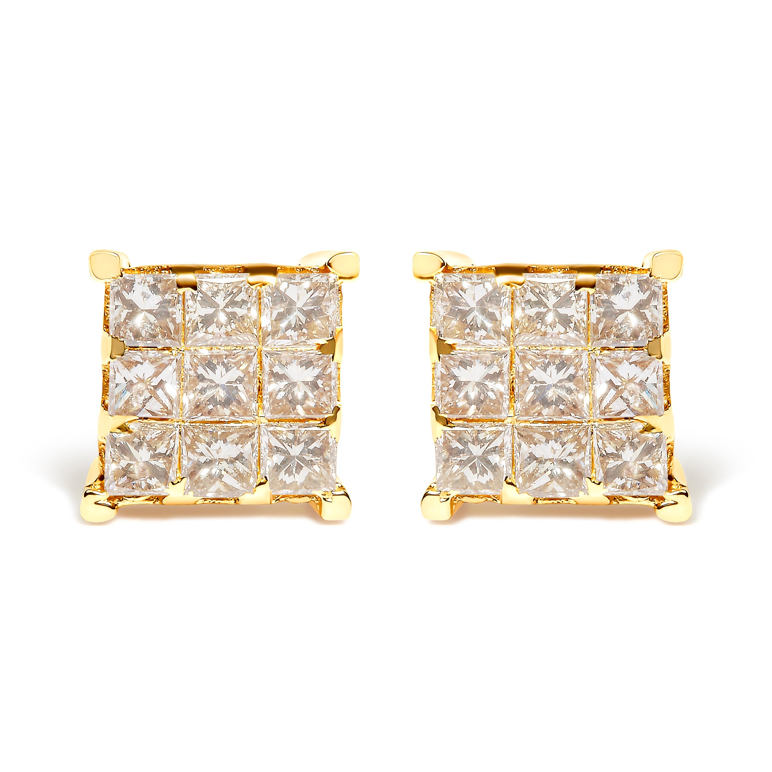 14K Yellow Gold 1 1/2 Cttw Invisible Set Princess-Cut Diamond 9 Stone Square Stud Earrings (J-K Color, SI2-I1 Clarity)