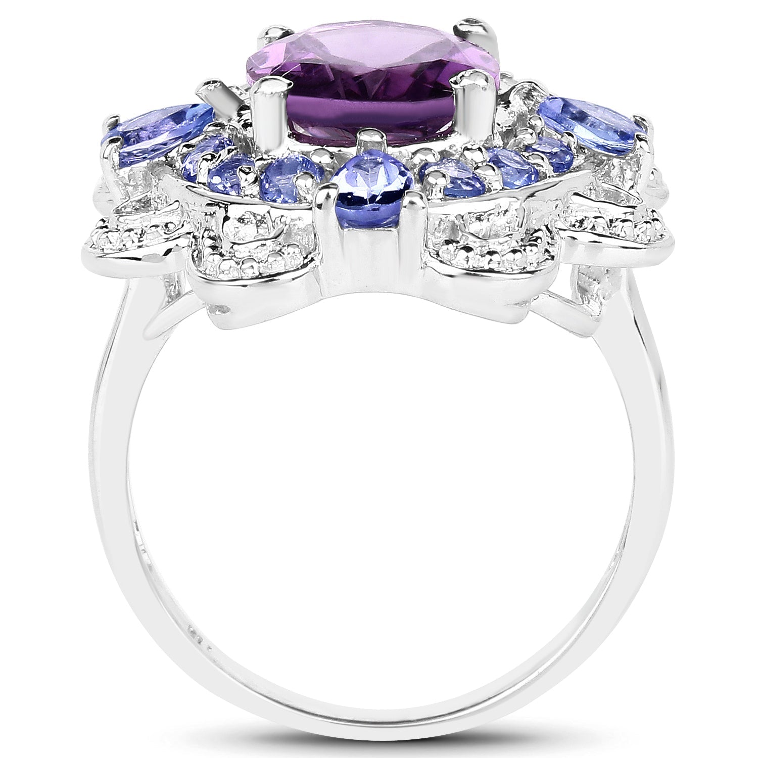3.13 Carat Genuine Amethyst and Tanzanite .925 Sterling Silver Ring