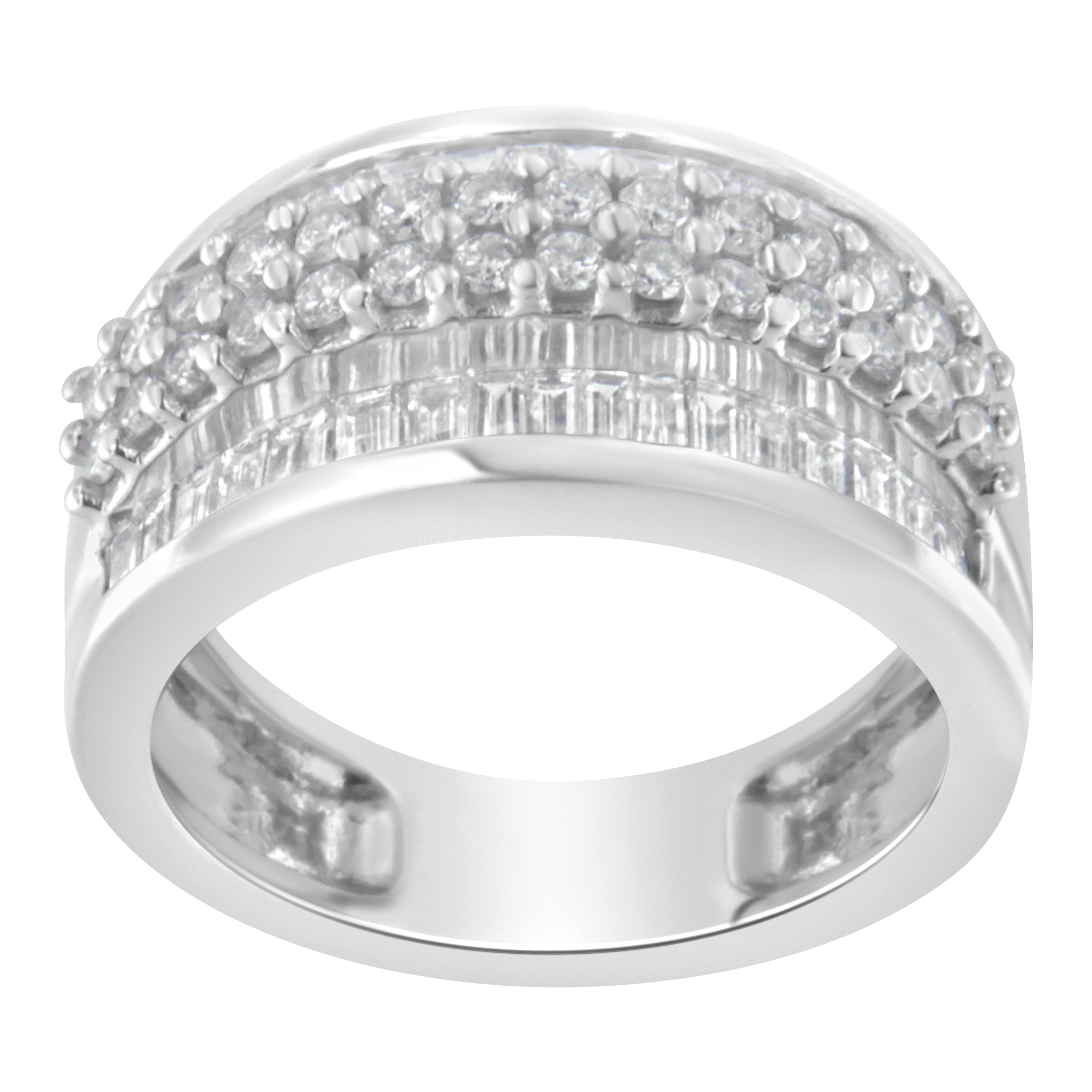 14K White Gold Round and Baguette Diamond Ring (1 1/2 Cttw, F-G Color, SI1-SI2 Clarity) - Size 6-3/4