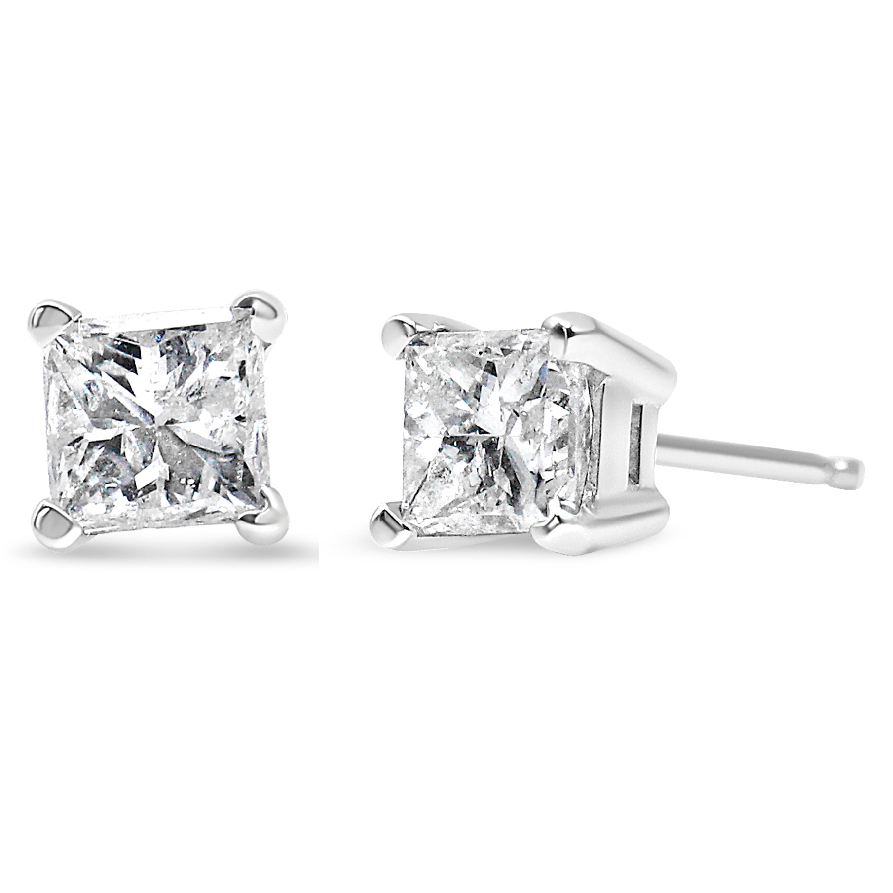 AGS Certified 14k White Gold 1.0 Cttw 4-Prong Set Princess-Cut Solitaire Diamond Push Back Stud Earrings for Women (E-F Color, I1-I2 Clarity)