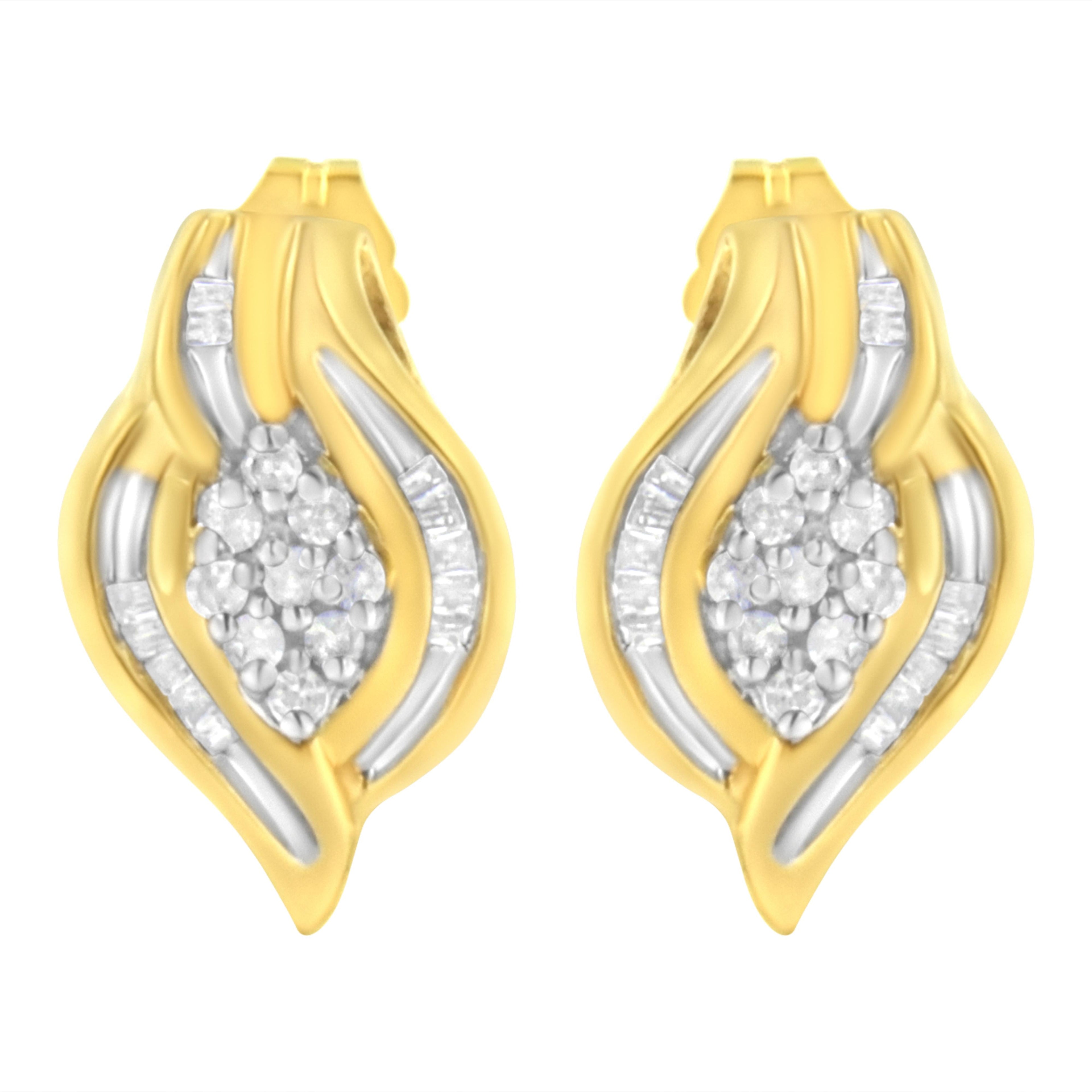10K Yellow Gold 1/3 cttw Round-Cut Diamond Cluster and Swirl Stud Earrings (J-K Clarity, I2-I3 Color)