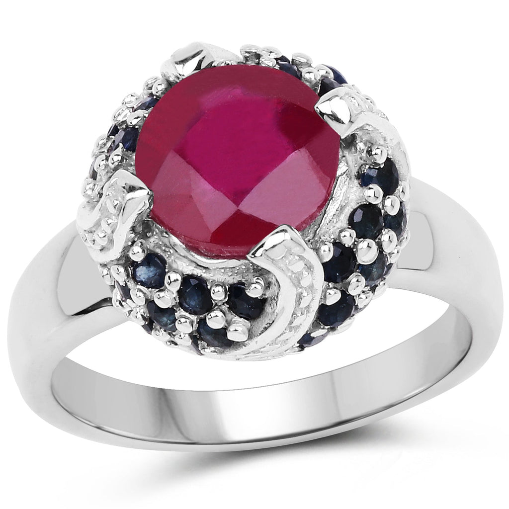 3.70 Carat Glass Filled Ruby and Blue Sapphire .925 Sterling Silver Ring