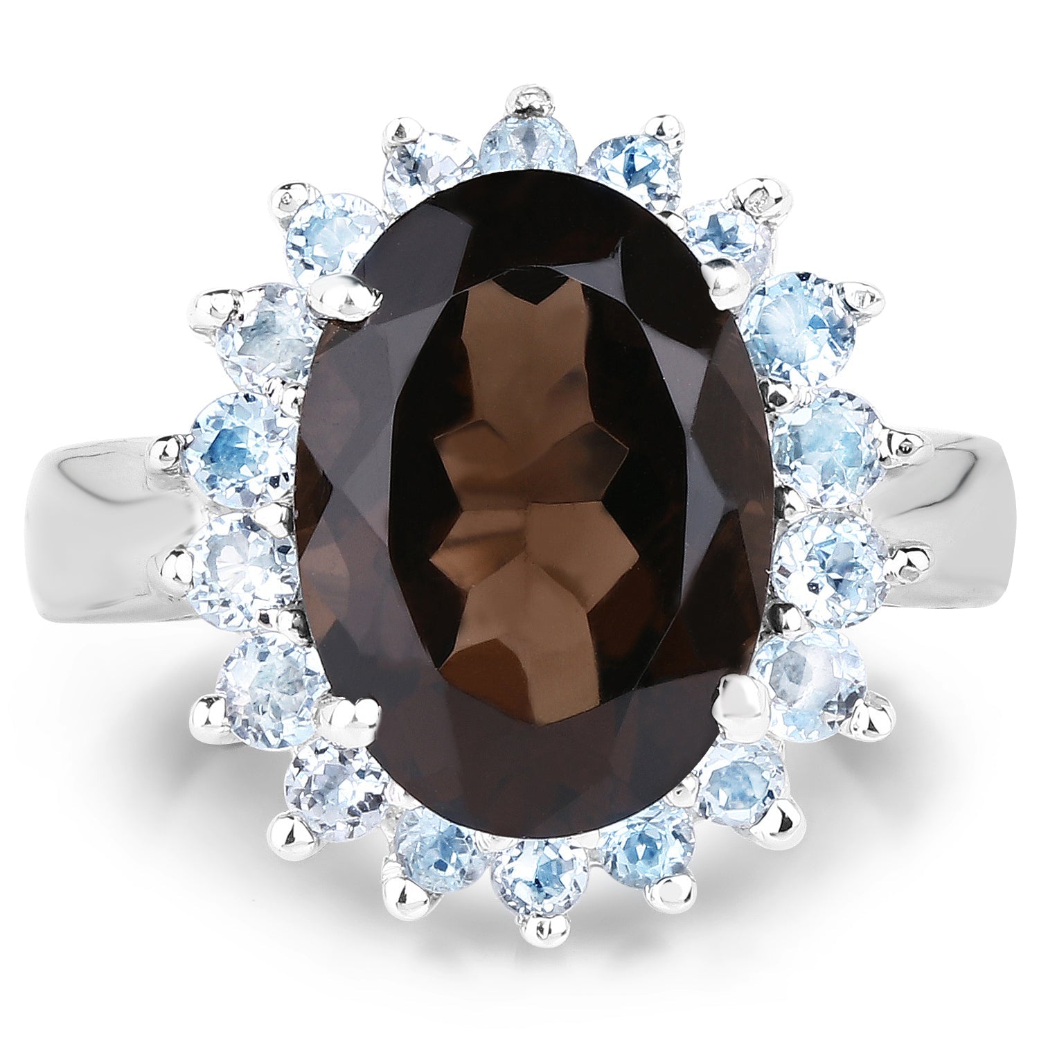6.79 Carat Genuine Smoky Quartz & Blue Topaz .925 Sterling Silver Ring