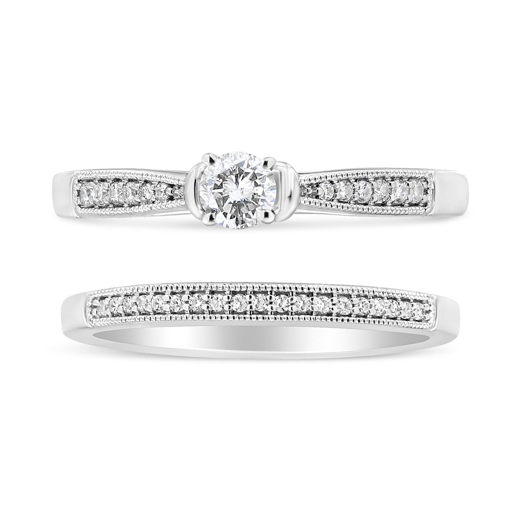 .925 Sterling Silver 1/3 Cttw Diamond Classic Engagement Ring Bridal Set with Milgrain (I-J Color, I3 Clarity) - Ring Size 7