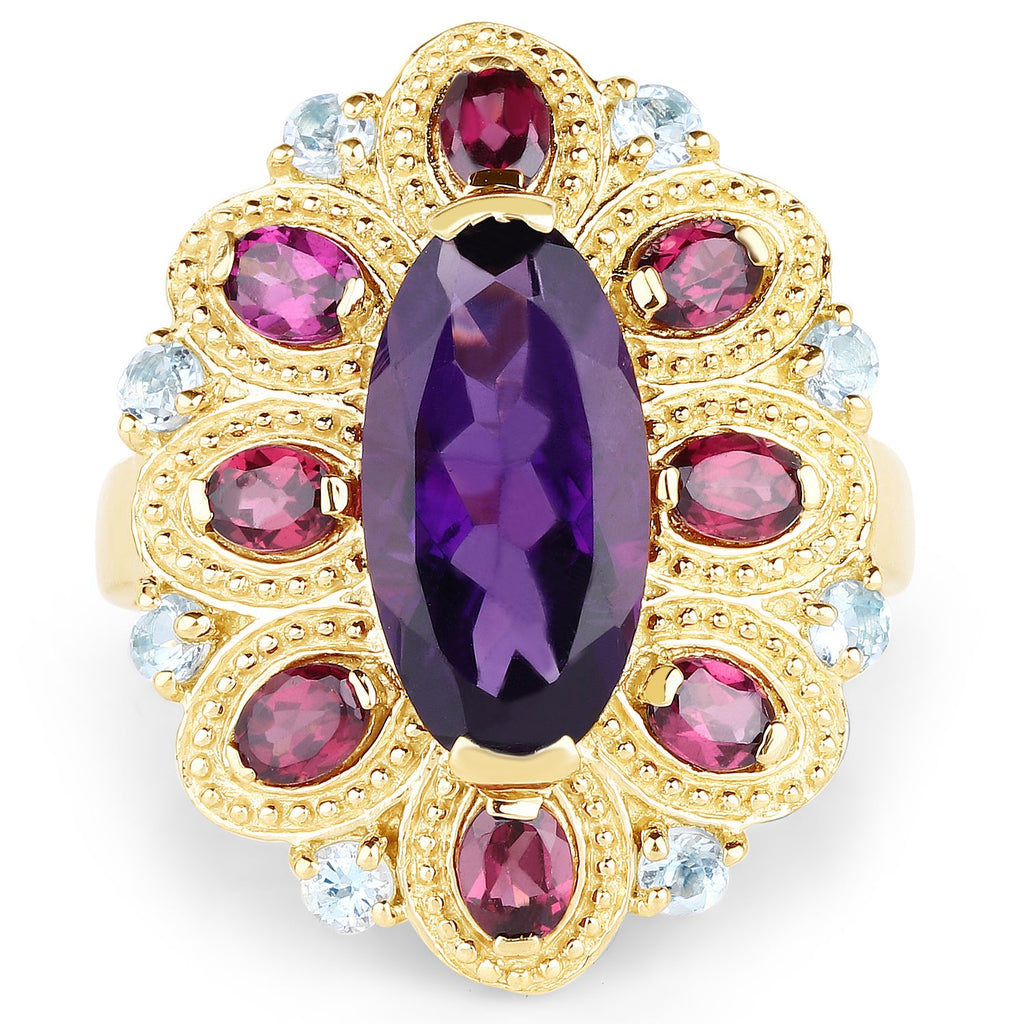 14K Yellow Gold Plated 6.80 Carat Genuine Amethyst, Rhodolite & Blue Topaz .925 Sterling Silver Ring