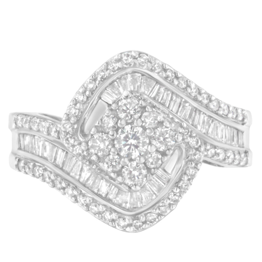 14K White Gold 1 Cttw Baguette and Round Diamond Floral Swirl Cluster Cocktail Ring