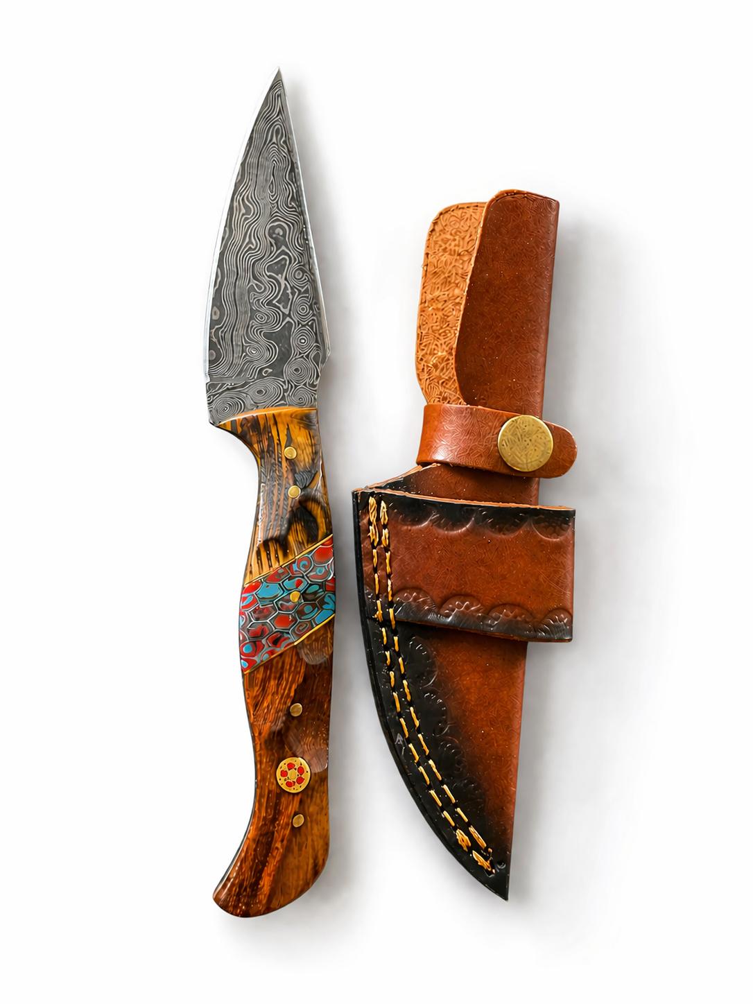 Titan "Painted Mesa" Damascus Hunting Knife | Cocobolo Rosewood & Turquoise Mosaic Handle | Hand-Tooled Leather Sheath TK-514