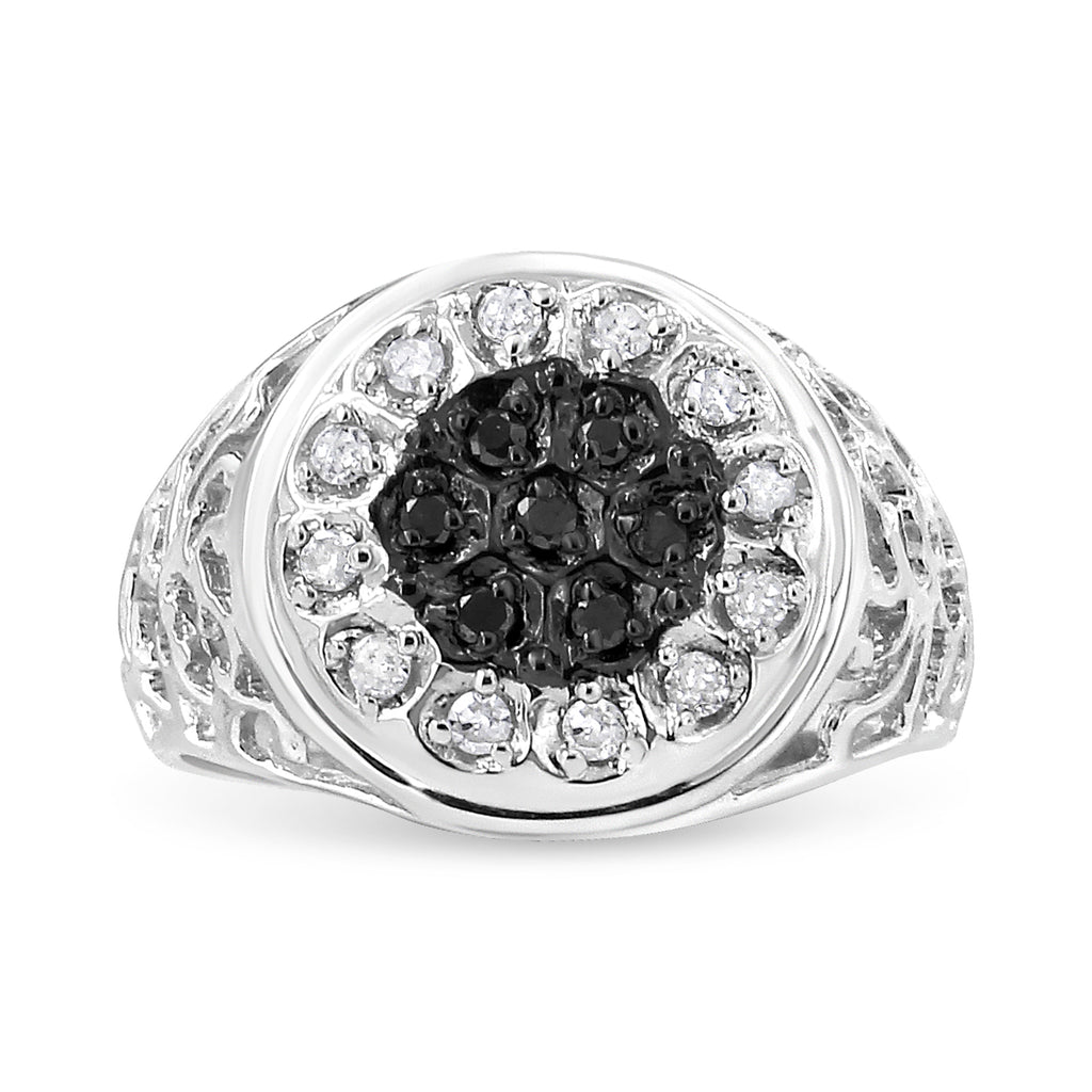 .925 Sterling Silver 1/4 Cttw White and Black Treated Diamond Halo Cluster Ring for Men (I-J Color, I3 Clarity) - Size 10