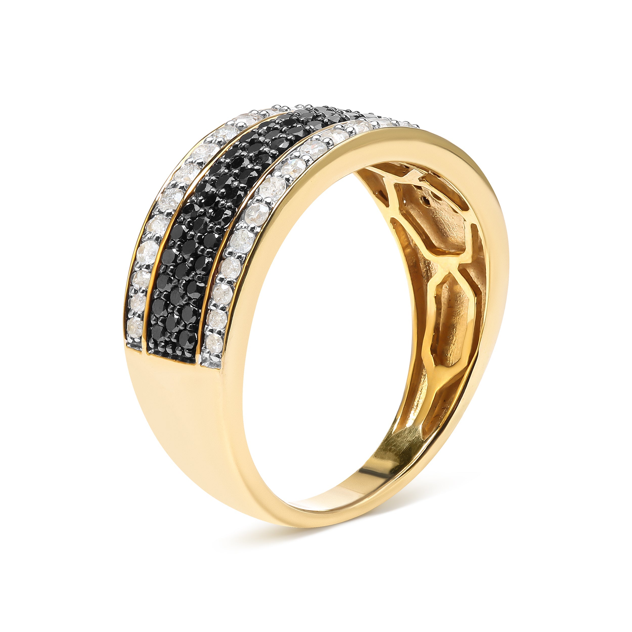 14K Yellow Gold Plated .925 Sterling Silver 1 1/4 Cttw White and Black Treated Diamond Multi Row Band (Black/I-J Color, I2-I3 Clarity) - Size 10