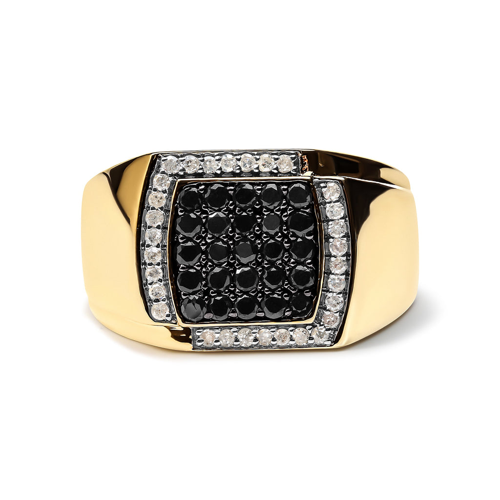 Men's 10K Yellow Gold 1.00 Cttw Cushion Cluster Black and White Diamond Statement Ring (I-J Color, I2-I3 Clarity) - Ring Size 10.5