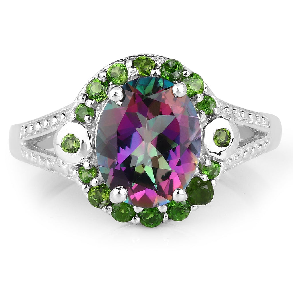 3.92 Carat Genuine Mystic Quartz& Chrome Diopside .925 Sterling Silver Ring