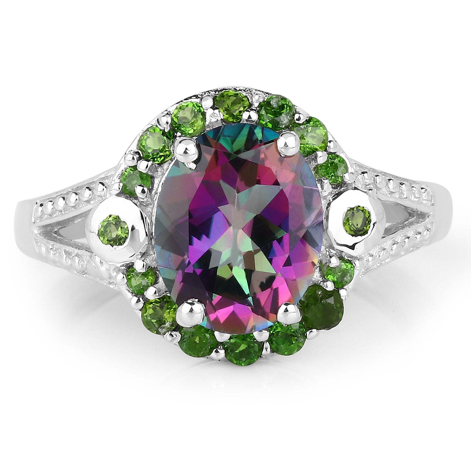 3.92 Carat Genuine Mystic Quartz& Chrome Diopside .925 Sterling Silver Ring
