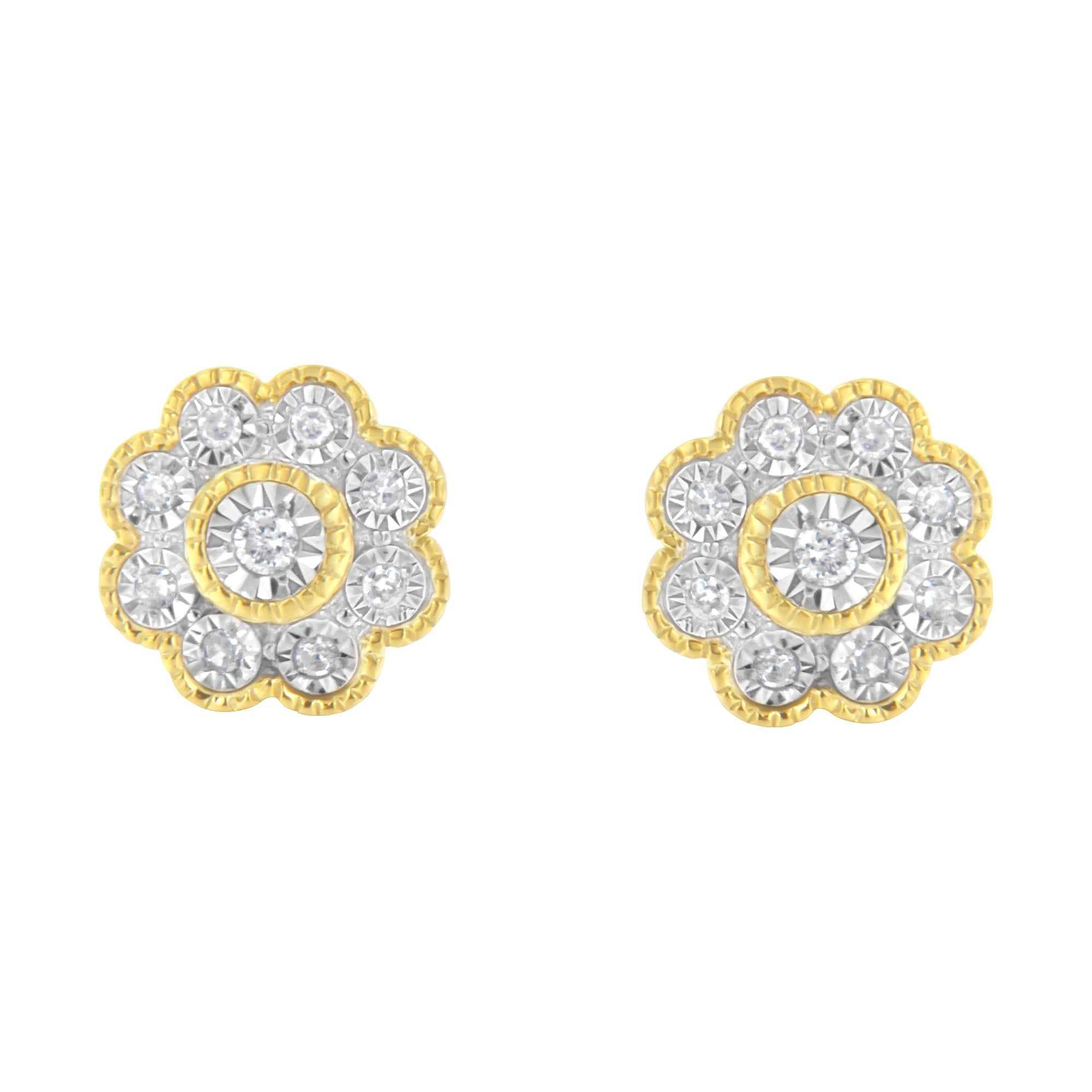 14K Yellow Gold Plated .925 Sterling Silver 1/6 Cttw Miracle-Plate Set Diamond Floral Stud Earrings (I-J Color, I2-I3 Clarity)