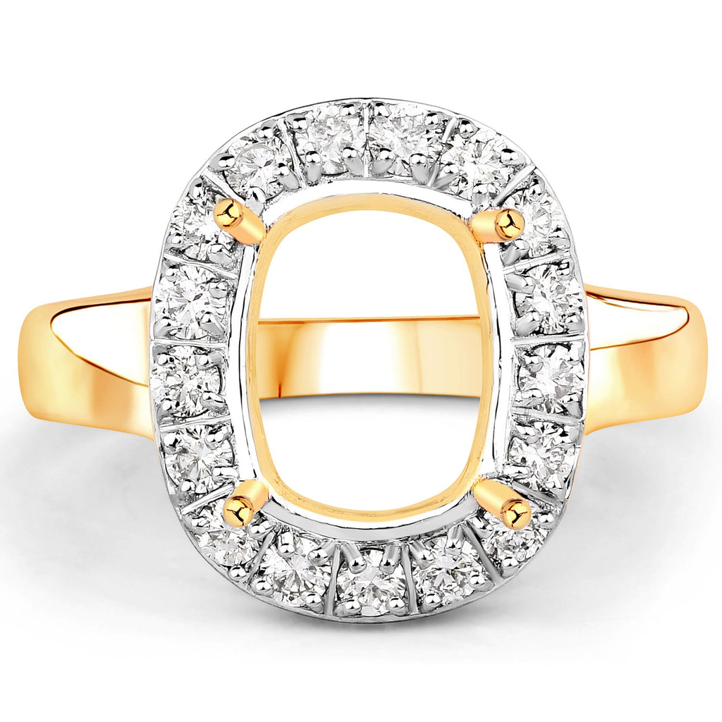 0.51 Carat Genuine White Diamond 14K Yellow Gold Semi Mount Ring - holds 10x8mm Cushion Gemstone