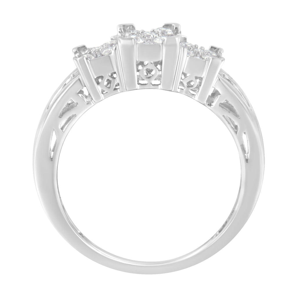 10K White Gold 1/2 Cttw Brilliant & Baguette Cut Diamond 3 Stone Design with 3 Square Clusters Engagement Ring (H-I Color, SI2-I1 Clarity) - Size 6-3/4