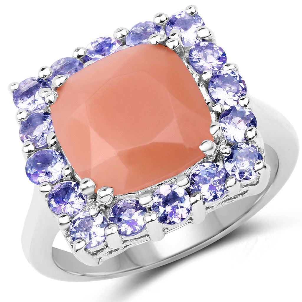 6.70 Carat Genuine Peach Moonstone and Tanzanite .925 Sterling Silver Ring