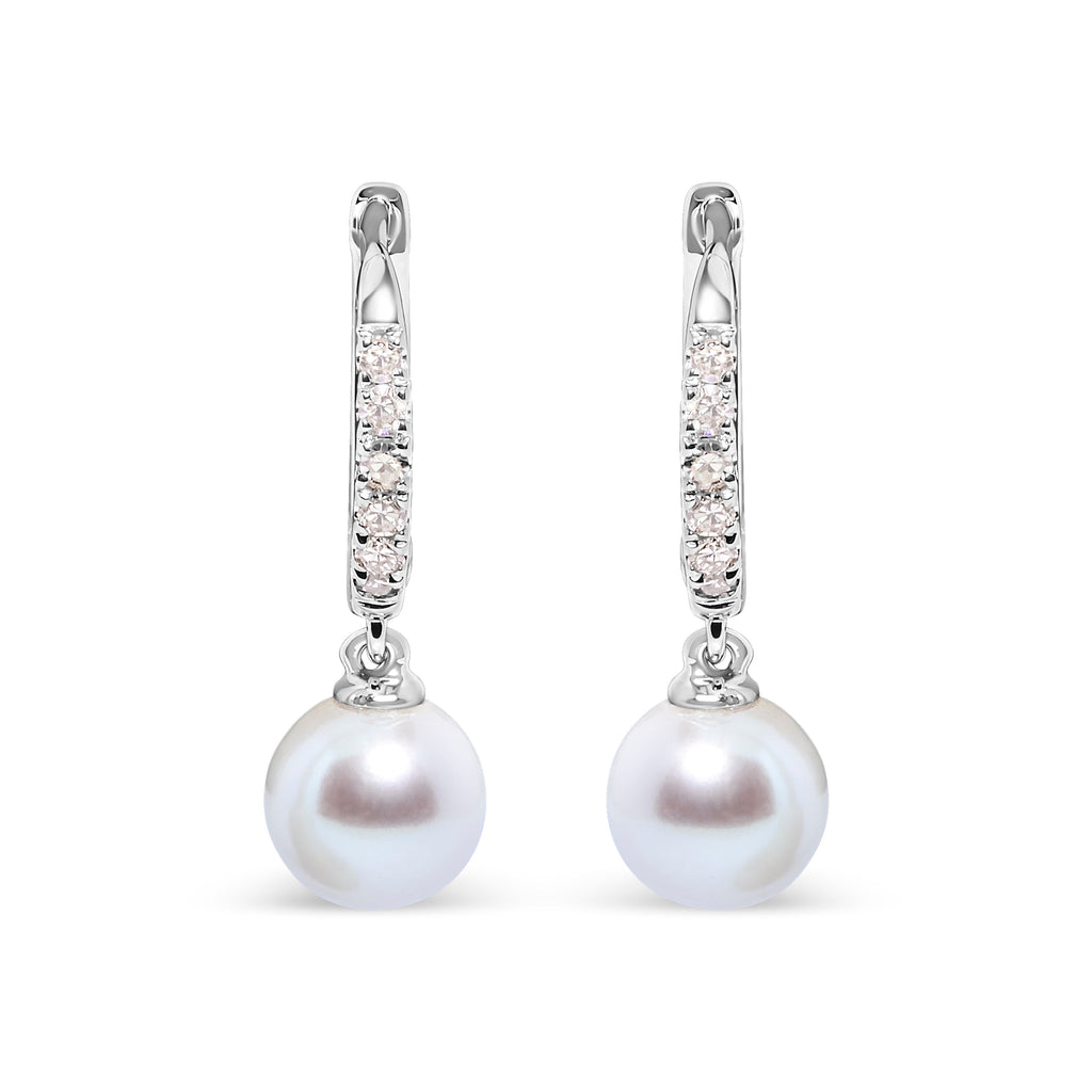 10K White Gold 6x6 MM Cultured Freshwater Pearl and Diamond Accent Drop Huggy Earring (H-I Color, I1-I2 Clarity)
