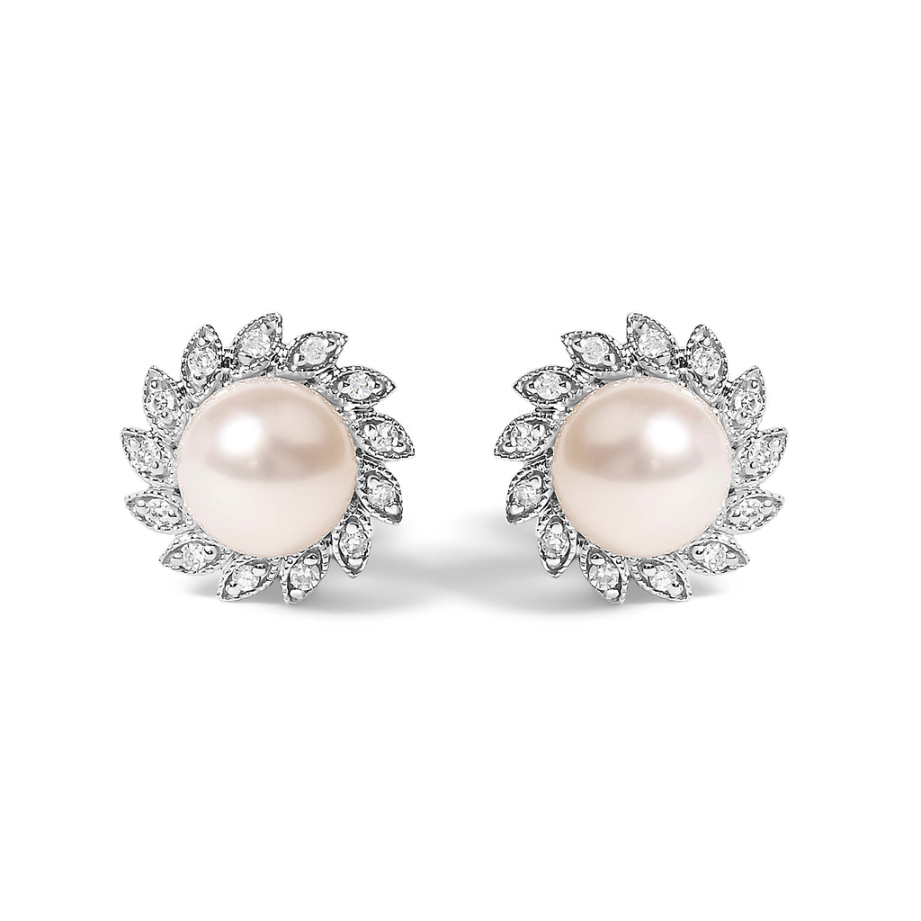 10K White Gold Heirloom-Style Pearl and Diamond Accent Halo Stud Earrings (I-J color, I1-I2 Clarity)