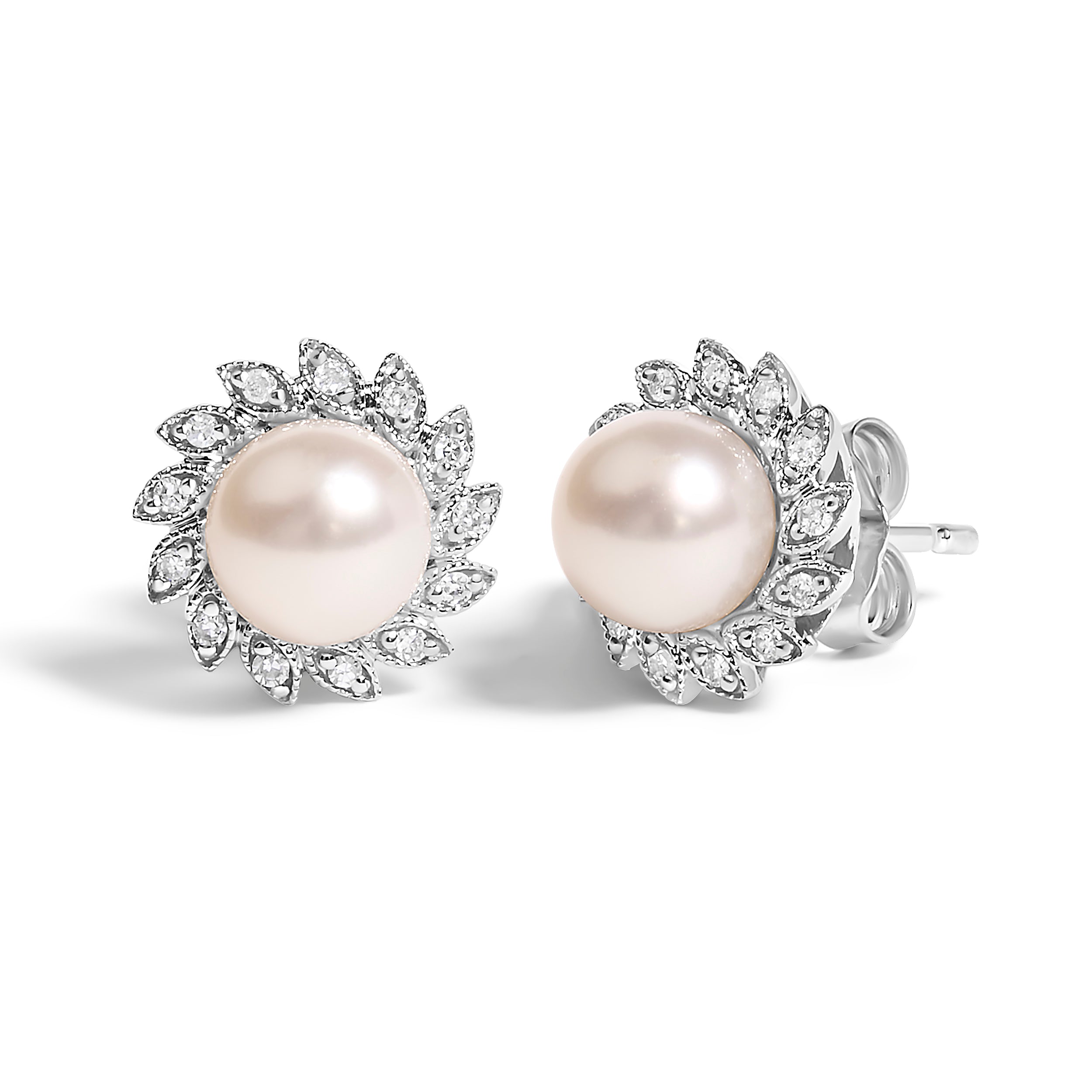 10K White Gold Heirloom-Style Pearl and Diamond Accent Halo Stud Earrings (I-J color, I1-I2 Clarity)