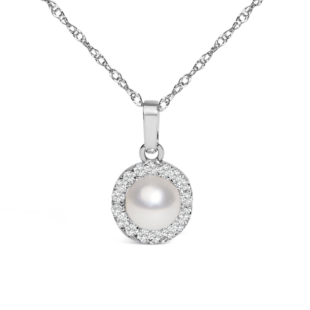 10K White Gold 5MM Cultured Pearl and Diamond Accent Halo Pendant Necklace