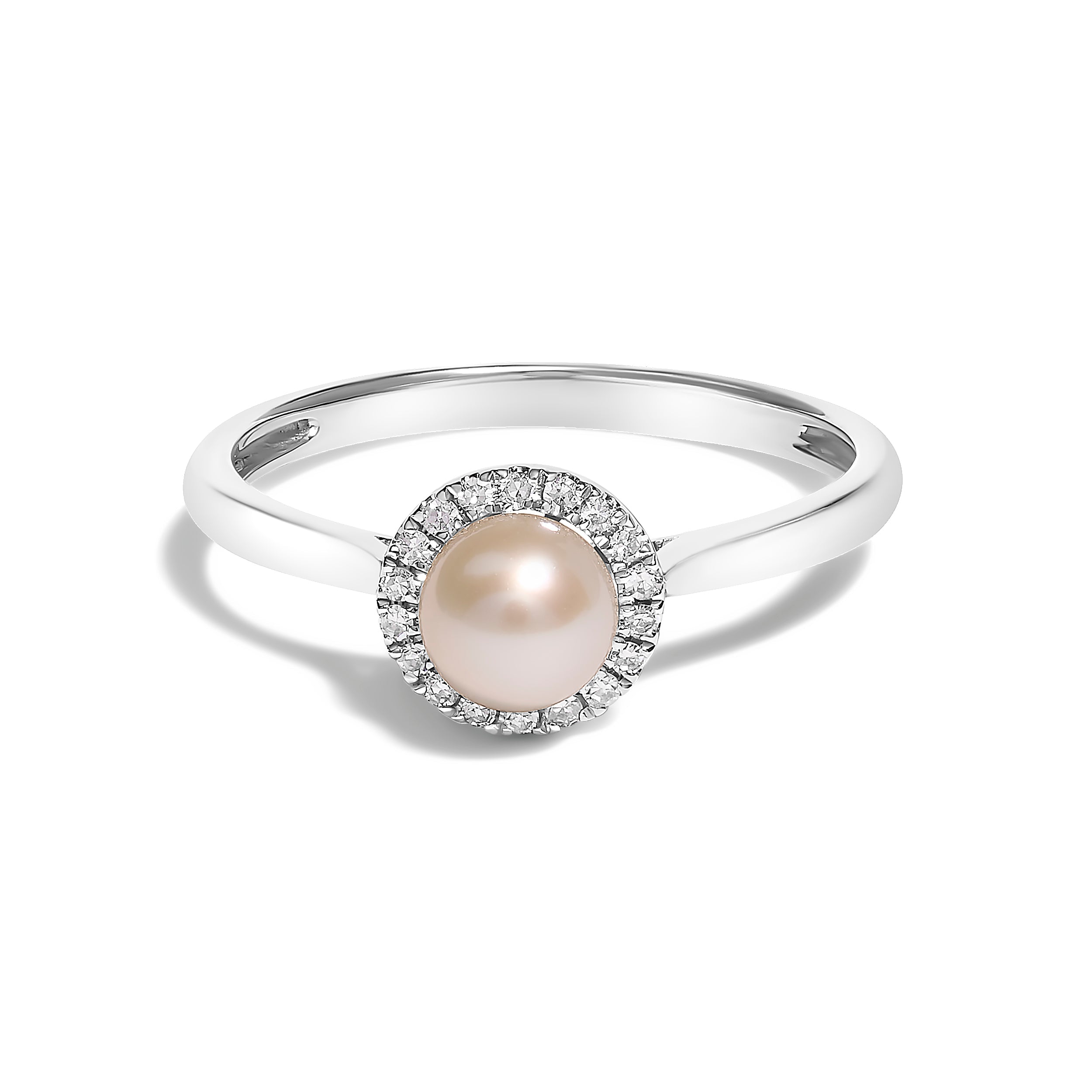10K White Gold 5MM Cultured Freshwater Pearl  and Diamond Halo Ring (I-J Color, I1-I2 Clarity) - Ring Size 6.5