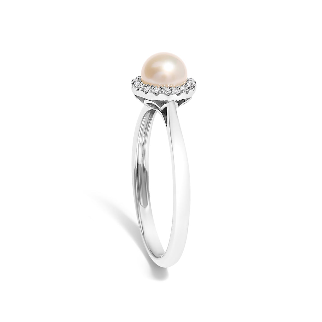 10K White Gold 5MM Cultured Freshwater Pearl  and Diamond Halo Ring (I-J Color, I1-I2 Clarity) - Ring Size 6.5