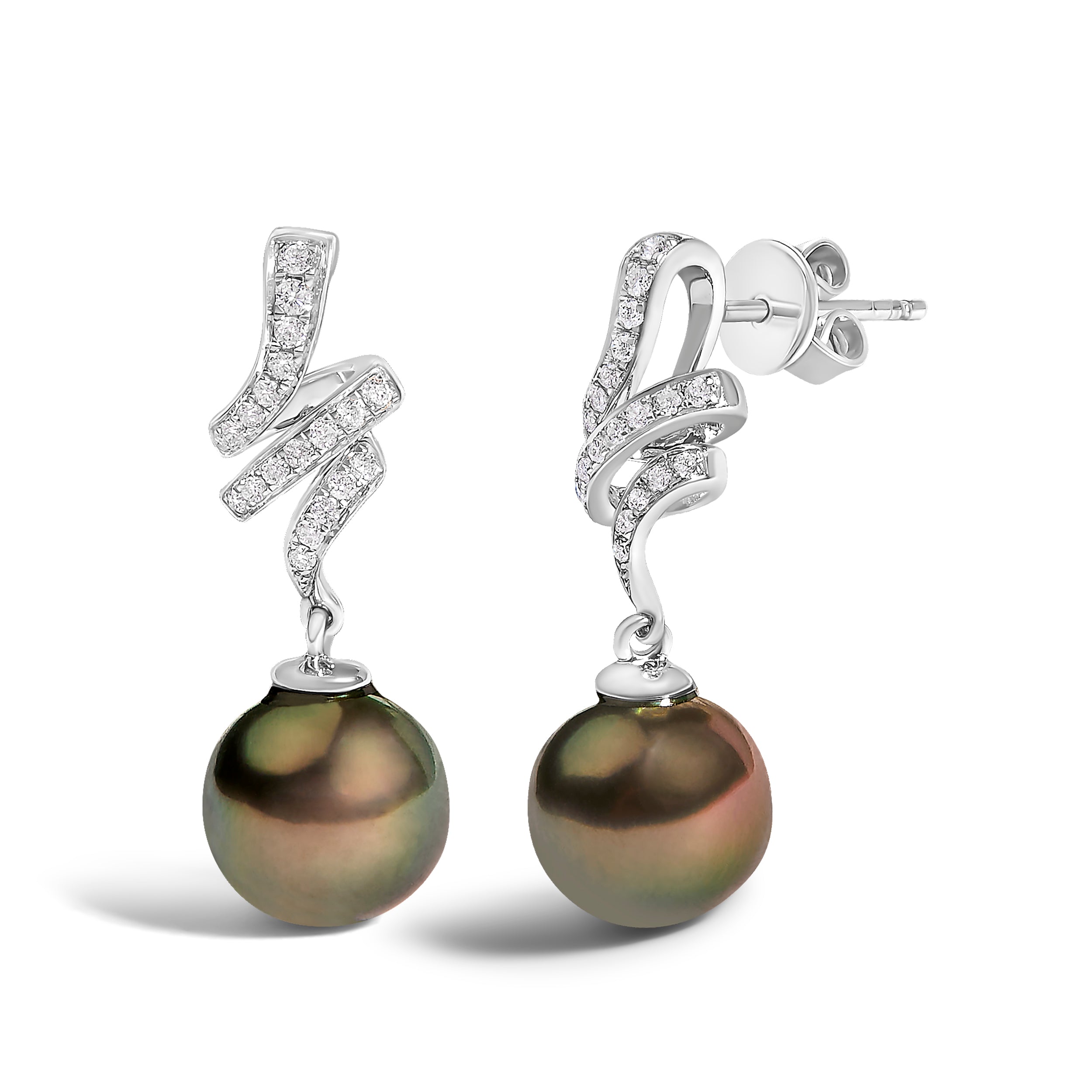 14K White Gold 9MM Cultured Black Pearl and Diamond Accent Drop and Dangle Earrings (I-J Color, SI1-SI2 Clarity)