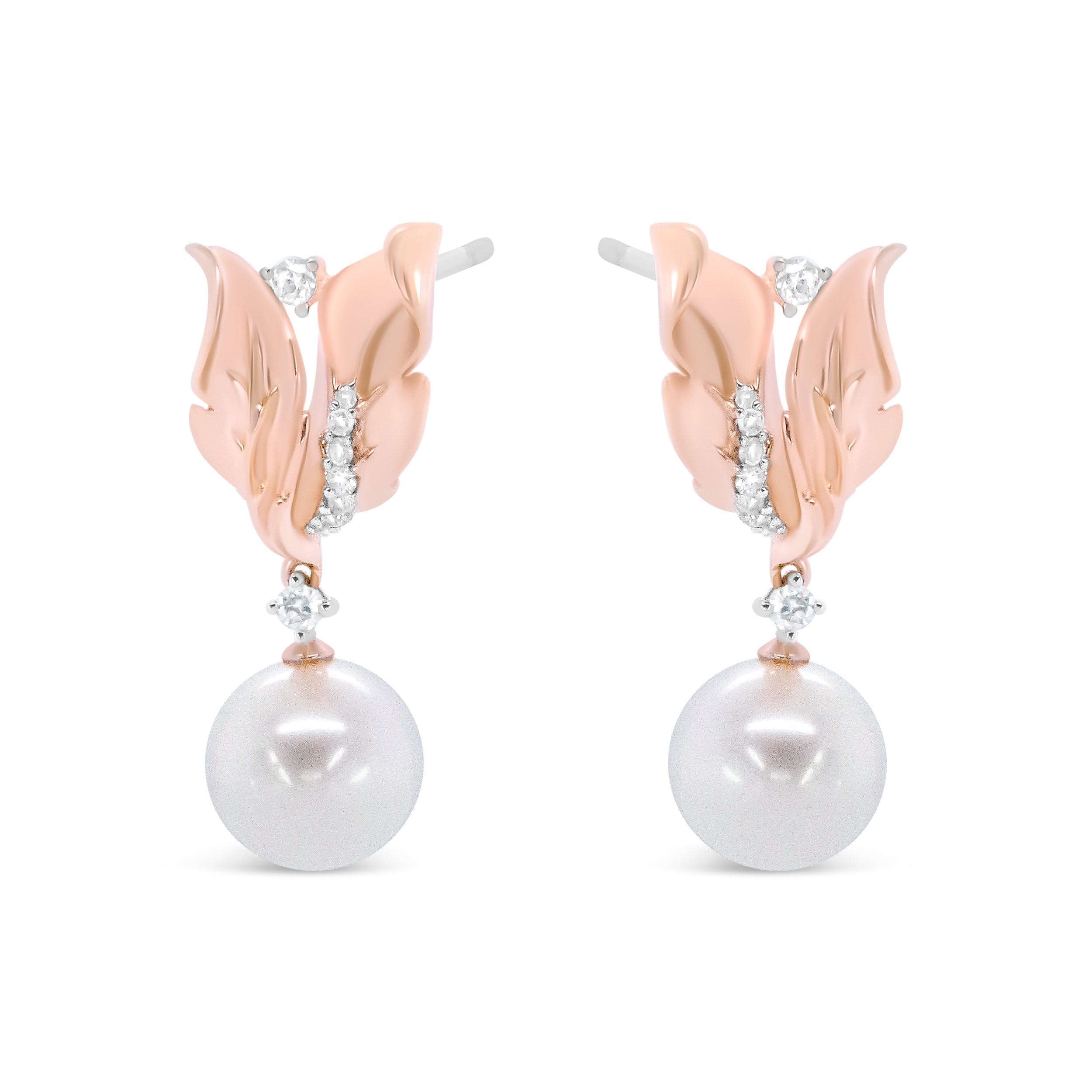 14K Rose Gold 1/6 Cttw Round Diamond and 8mm Round Pearl Floral Drop Stud Earrings (H-I Color, I1-I2 Clarity)