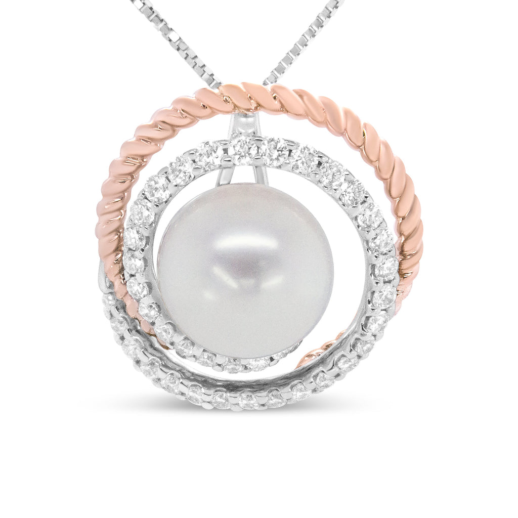 14K Rose and White Gold 3/8 Cttw Pave Diamond and 9mm Round Pearl Spiral Openwork 18" Pendant Necklace- (H-I Color, VS1-VS2 Clarity)