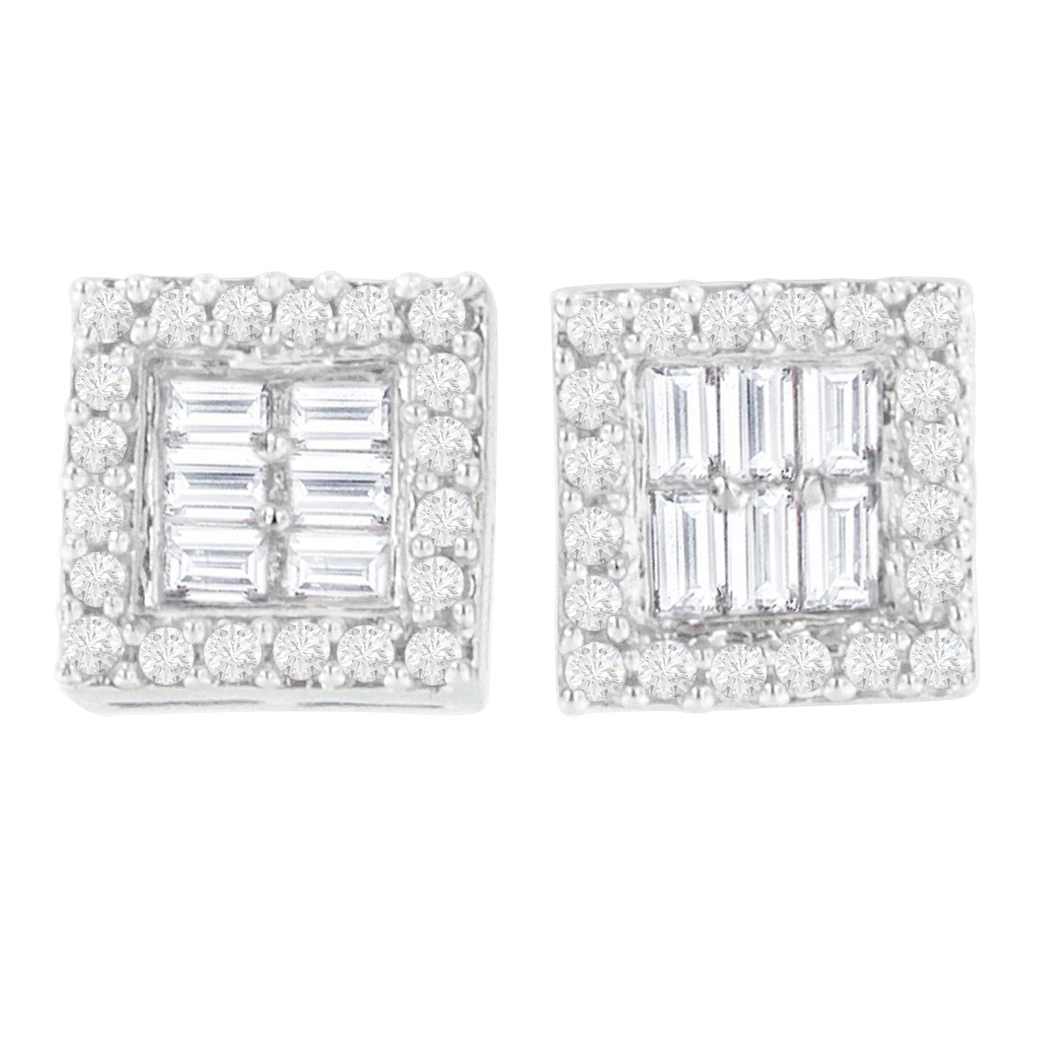 14K White Gold 1 cttw Round and Baguette Diamond Stud Earrings (H-I, SI1-SI2)