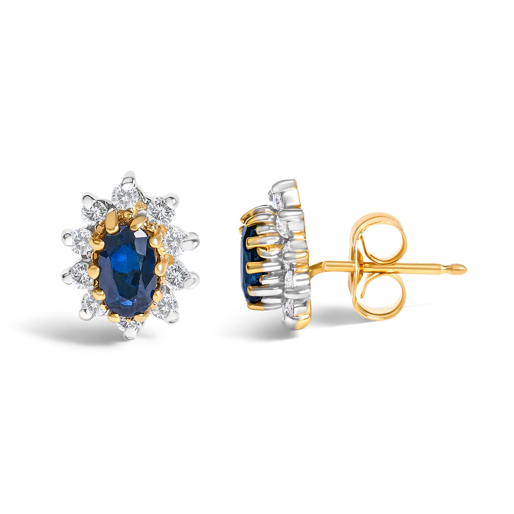 14K Yellow Gold 1/4 Cttw Diamond and Blue Sapphire Sunburst Halo Stud Earrings (K-L Color, I1-I2 Clarity)
