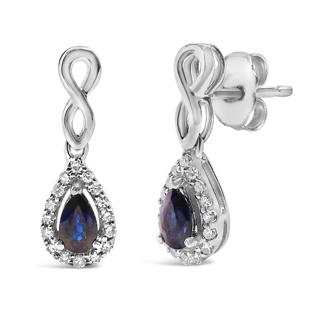 10K White Gold Pear Cut Blue Sapphire and 1/7 Cttw Diamond Infinity Drop and Dangle Earrings (I-J Color, I1-I2 Clarity)