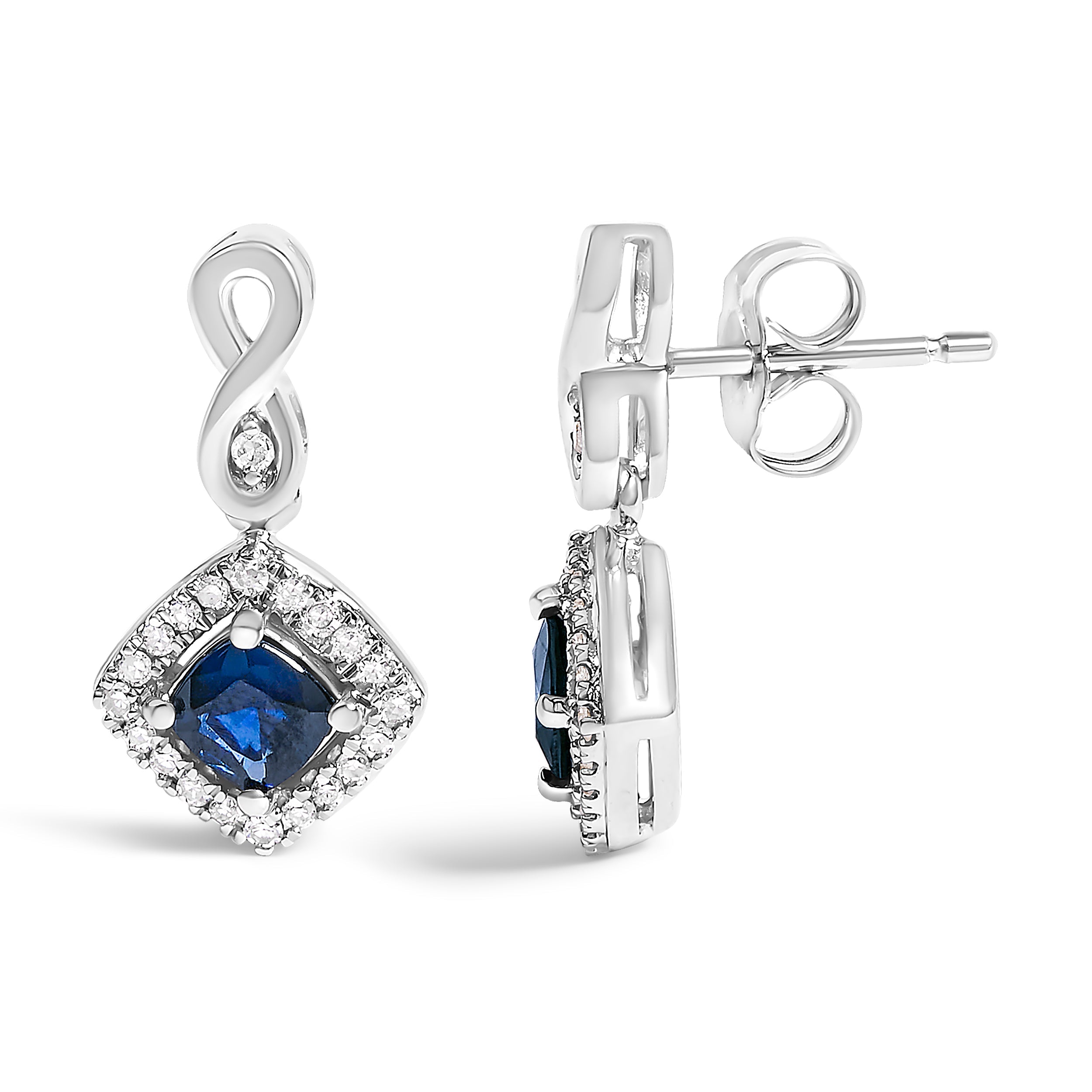 10K White Gold Blue  Sapphire and Diamond Halo Cushion Shaped Drop Earrings (I-J Color, I1-I2 Clarity)