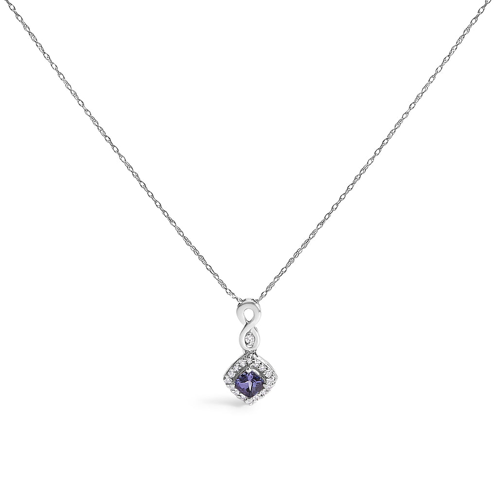 10K White Gold Blue Purple Tanzanite and Diamond Accent Cushion Drop Pendant Necklace - 18" Inches