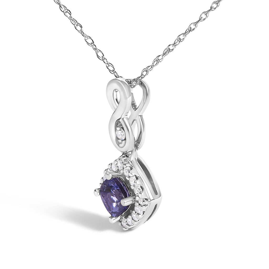 10K White Gold Blue Purple Tanzanite and Diamond Accent Cushion Drop Pendant Necklace - 18" Inches