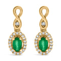 10K Yellow Gold Oval Cut Green Emerald 5x3 mm and 1/7 Cttw Round Diamond Dangle Earrings