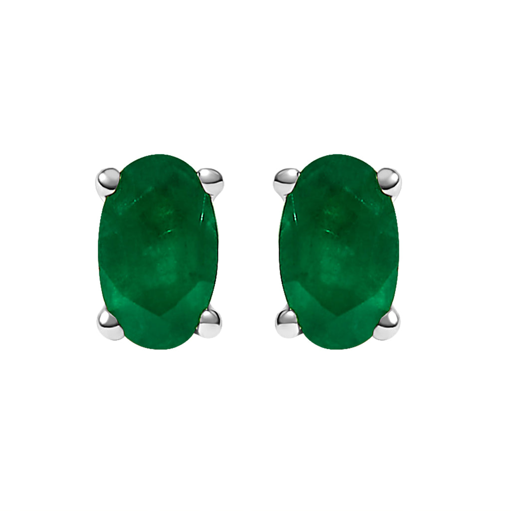 14K White Gold 5x3 MM Oval Green Emerald Solitaire Stud Earrings