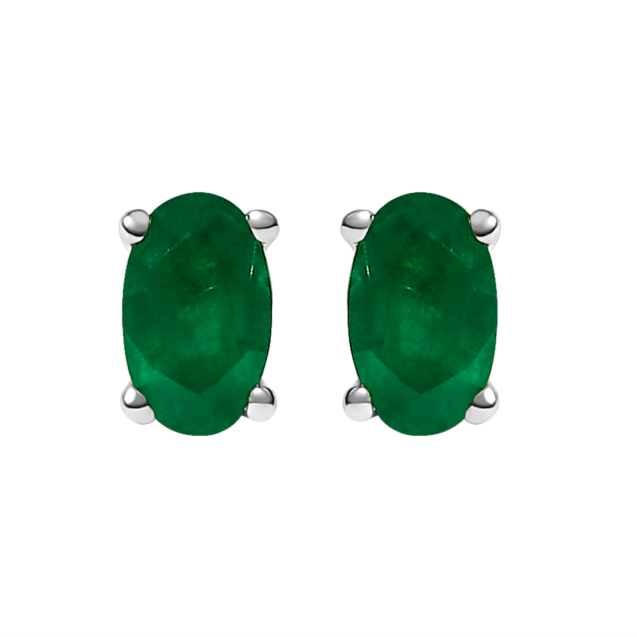 14K White Gold 5x3 MM Oval Green Emerald Solitaire Stud Earrings