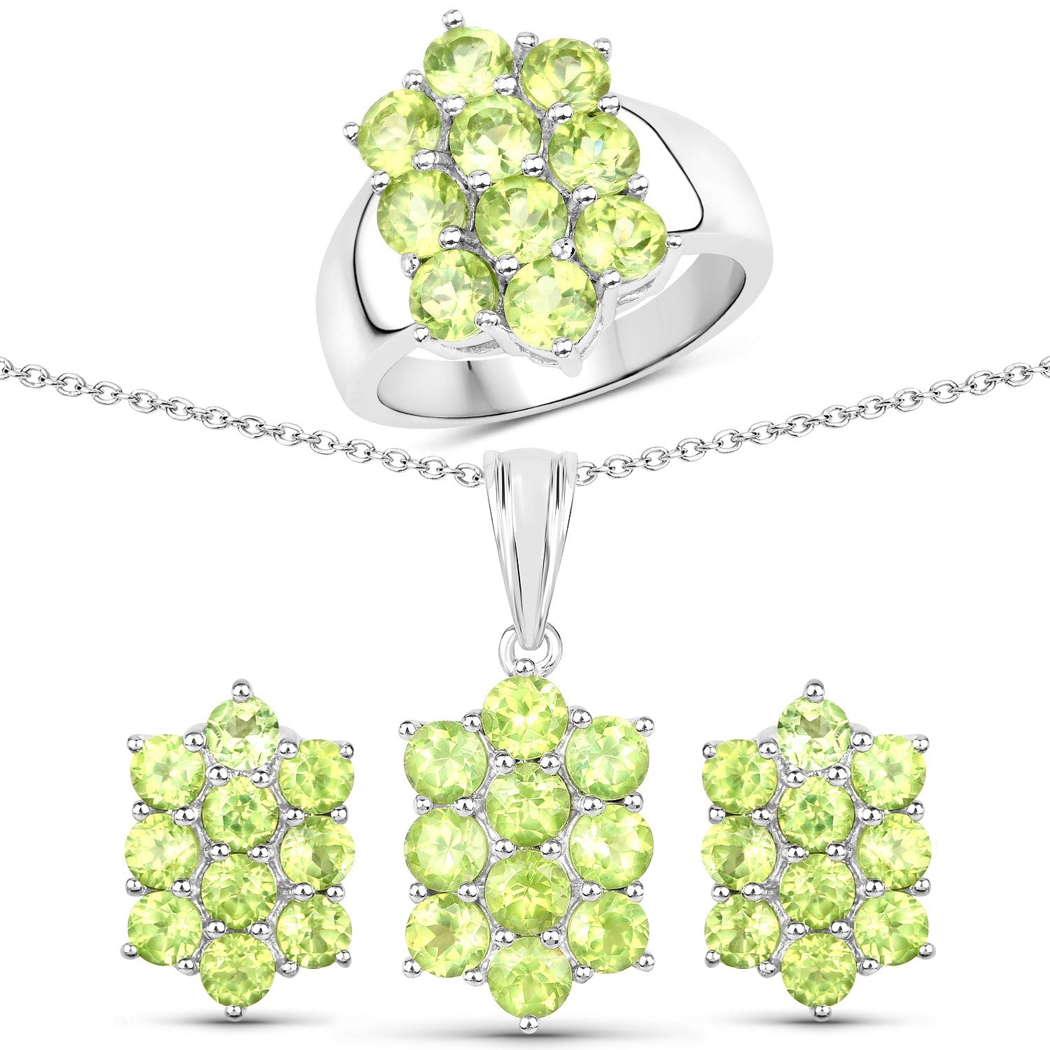 6.80 Carat Genuine Peridot .925 Sterling Silver 3 Piece Jewelry Set (Ring, Earrings, and Pendant w/ Chain)