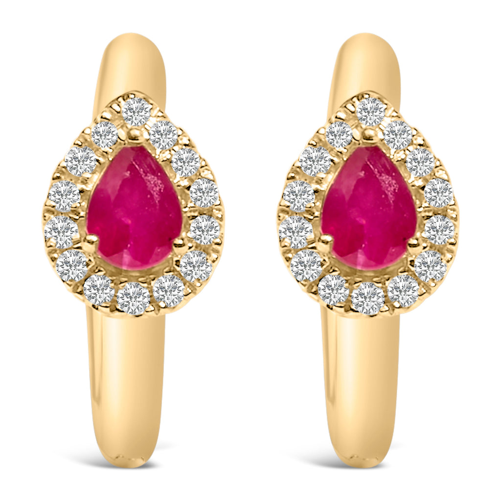 10K Yellow Gold Pear Cut Red Ruby 4x3 mm and 1/10 Cttw Round Diamond Huggy Earrings (I-J Color, I1-I2 Clarity)
