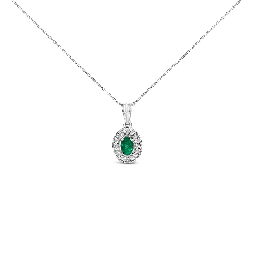 14K White Gold Oval 6x4 MM Green Emerald and Diamond Halo Pendant Necklace - 18 inch