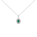 14K White Gold Oval 6x4 MM Green Emerald and Diamond Halo Pendant Necklace - 18 inch