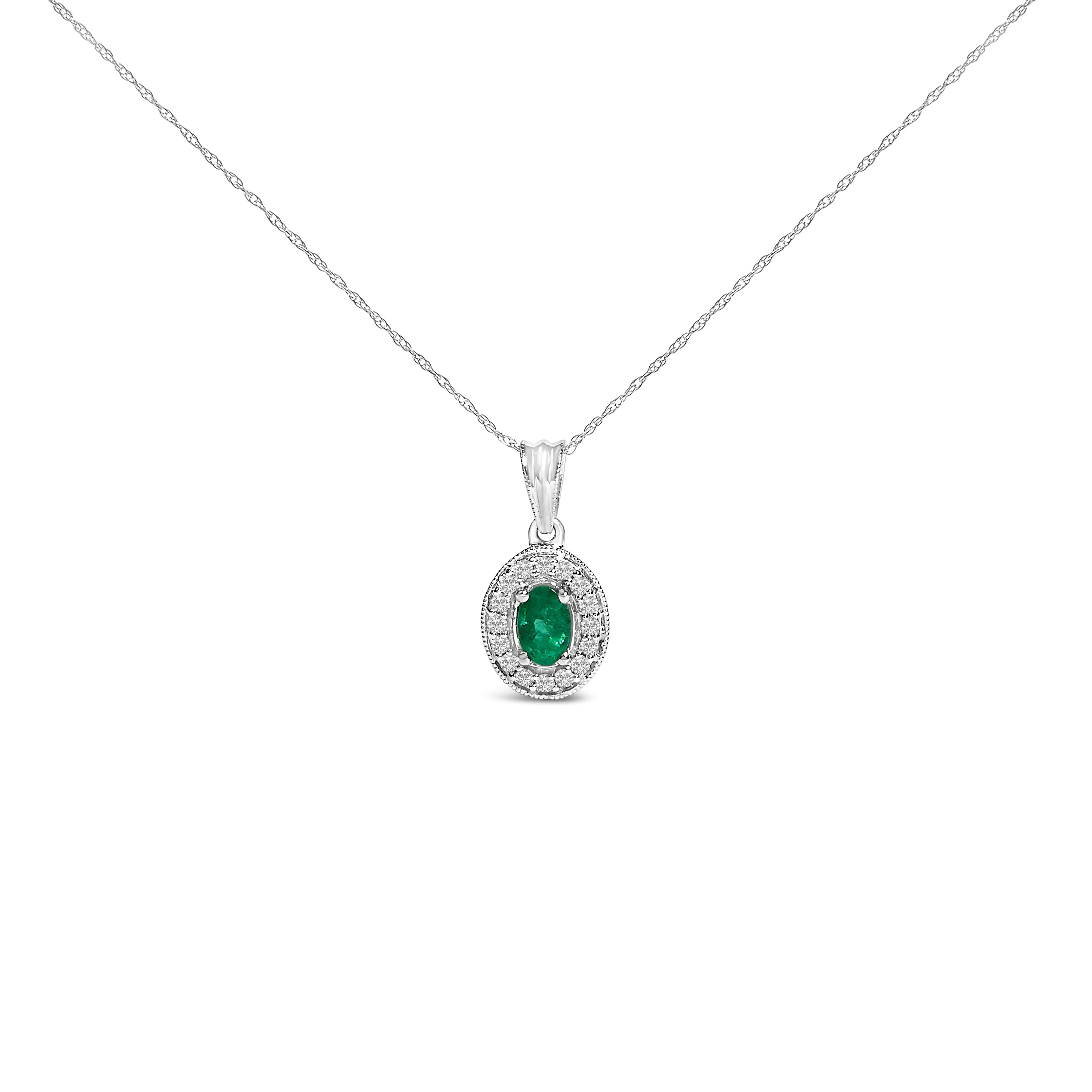 14K White Gold Oval 6x4 MM Green Emerald and Diamond Halo Pendant Necklace - 18 inch