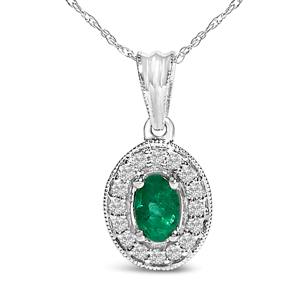 14K White Gold Oval 6x4 MM Green Emerald and Diamond Halo Pendant Necklace - 18 inch