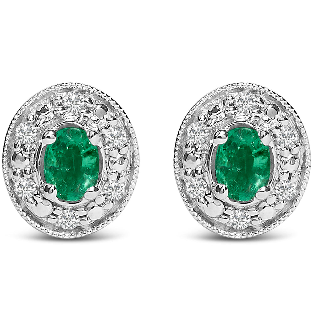 14K White Gold Oval Green Emerald and 1/10 Cttw Diamond Halo Stud Earrings  (I-J Color, I1-I2 Clarity)