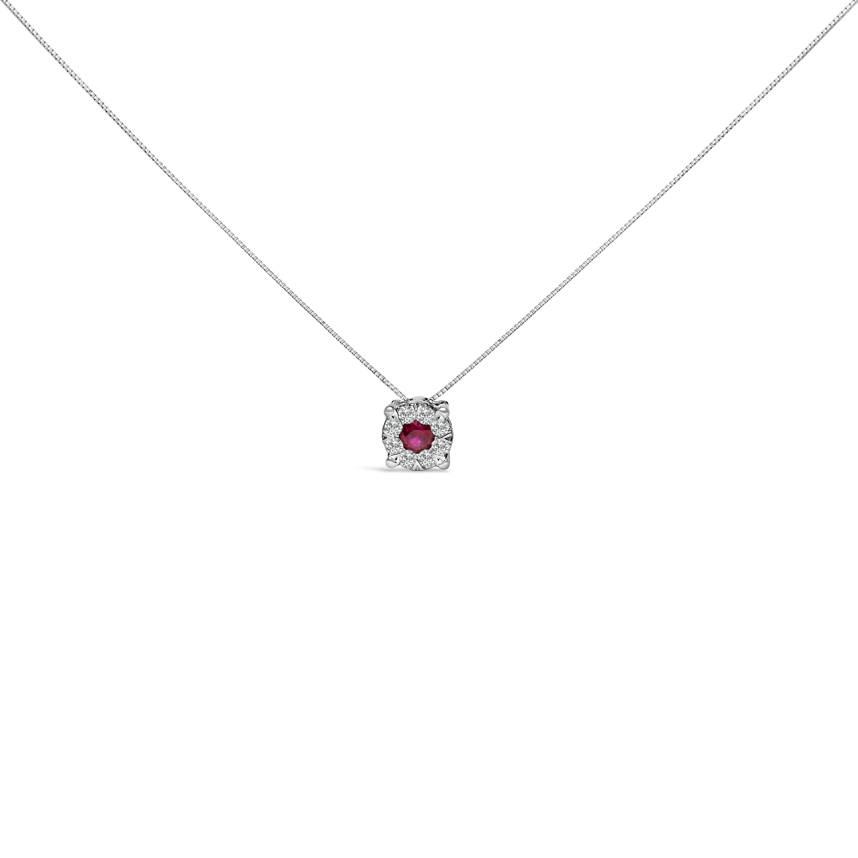 14K White Gold Red Ruby and 1/3 Cttw Diamond Halo Pendant Necklace