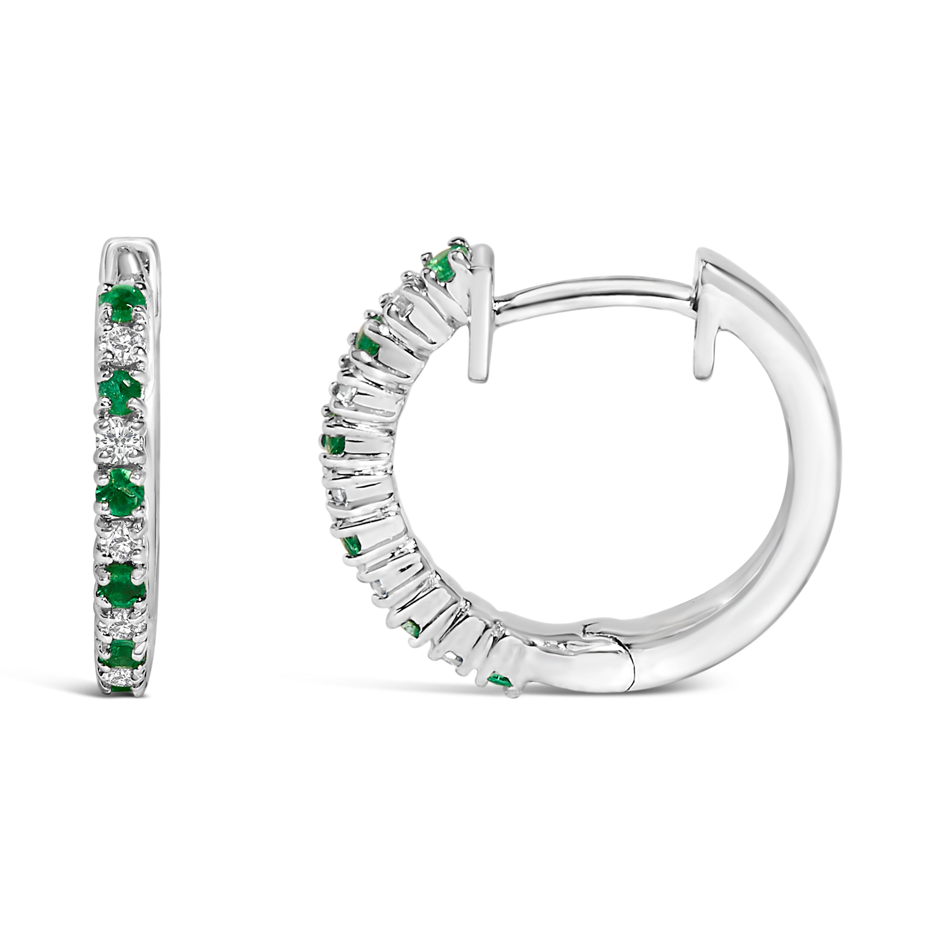 10K White Gold Alternating Emerald 1/10 Cttw Diamond Huggy Hoop Earrings (I-J Color, I1-I2 Clarity)